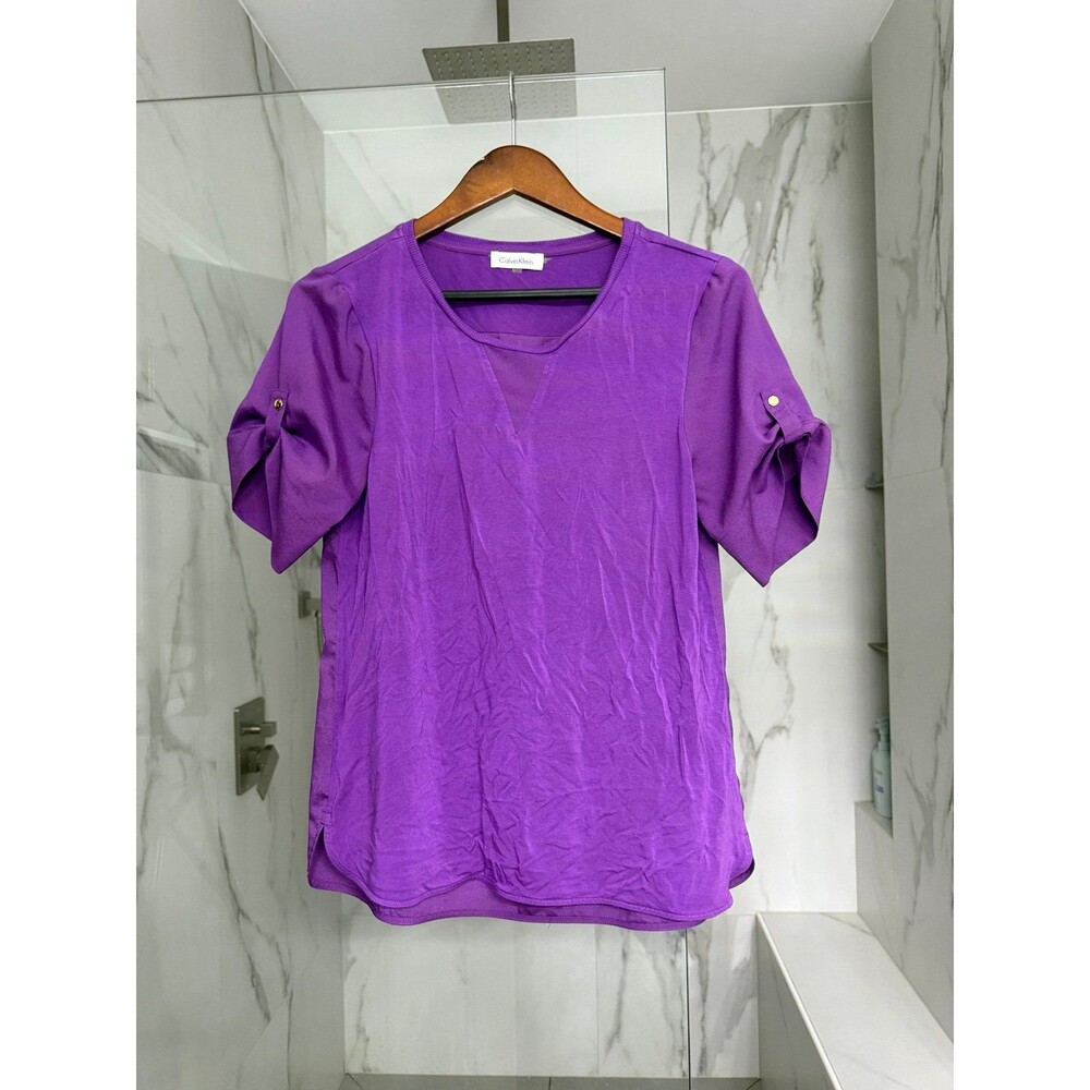 Calvin Klein Women's Purple V-Neck Short Sleeve Top M